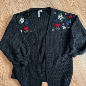 Black Floral Embroidered Open Cardigan Sweater